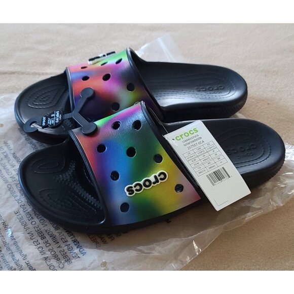 Crocs Classic Solarized Slide Unisex M10 W12 Rainbow Multicolor Tie Dye NEW - Picture 4 of 10
